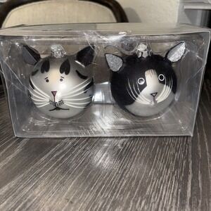 TJX COMPANY GLASS CAT ROUND  CHRISTMAS ORNAMENTS (2)